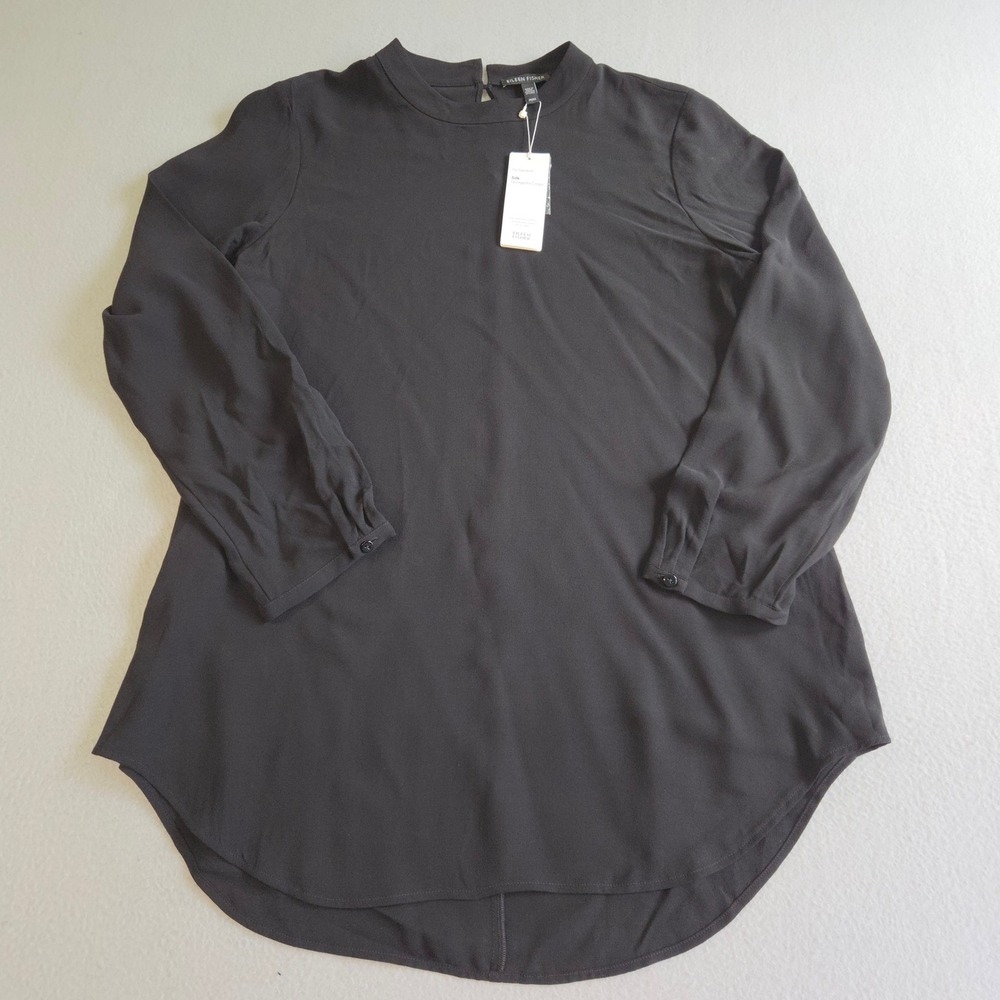 Eileen Fisher Tunic Womens Medium Black Silk Georgette Crepe Mock Neck High-Low‎